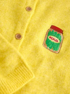 Next Yellow Pickles Embroidery Crew Neck Knitted Cardigan With Wool Sale