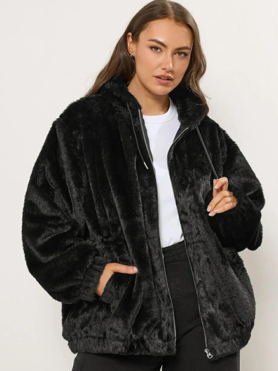 Yours Curve Faux Fur Zip Thru Hooded Fleece Black Hot