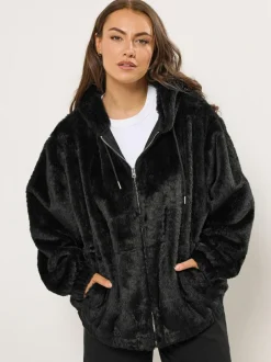 Yours Curve Faux Fur Zip Thru Hooded Fleece Black Hot