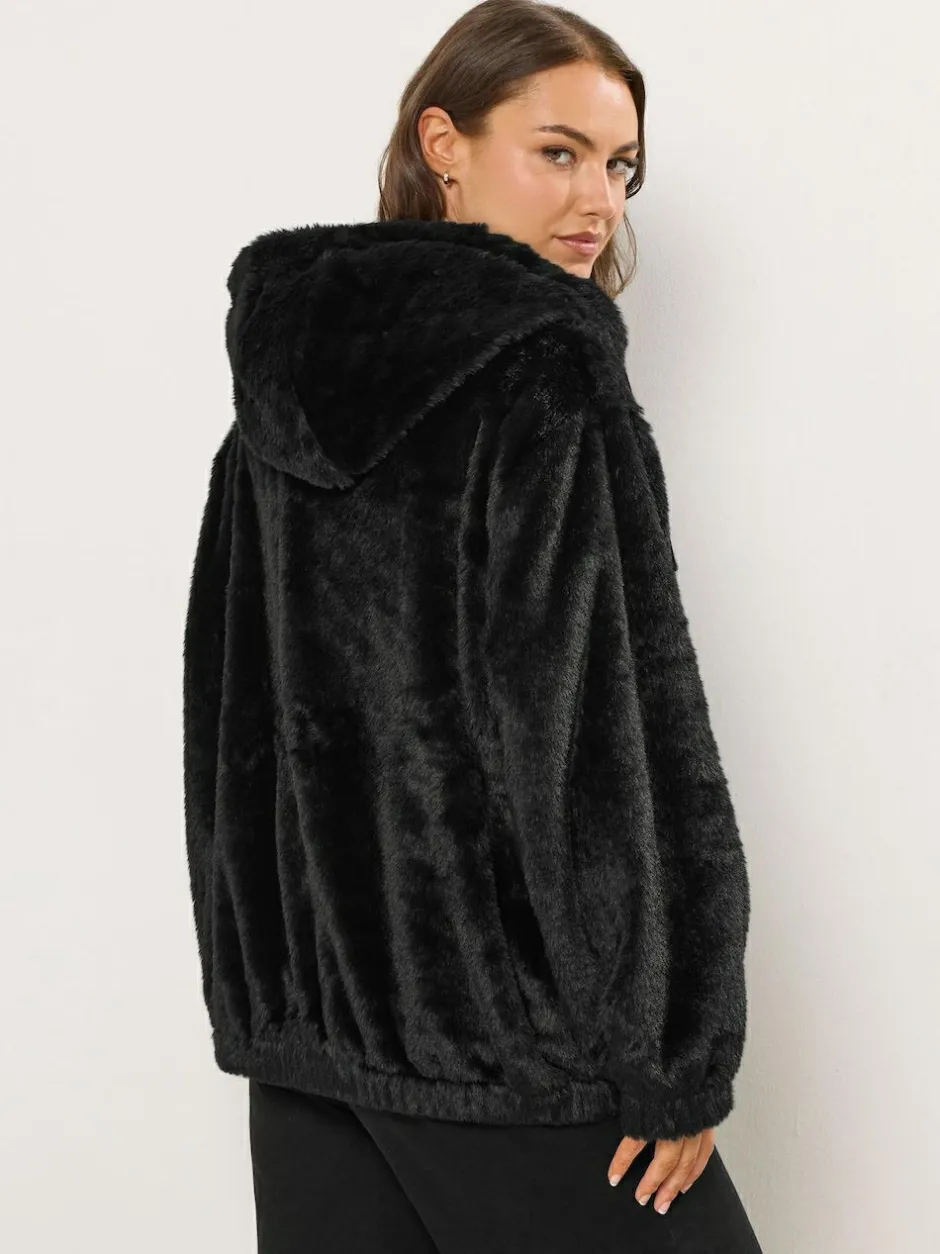 Yours Curve Faux Fur Zip Thru Hooded Fleece Black Hot