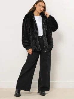 Yours Curve Faux Fur Zip Thru Hooded Fleece Black Hot