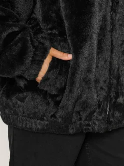 Yours Curve Faux Fur Zip Thru Hooded Fleece Black Hot
