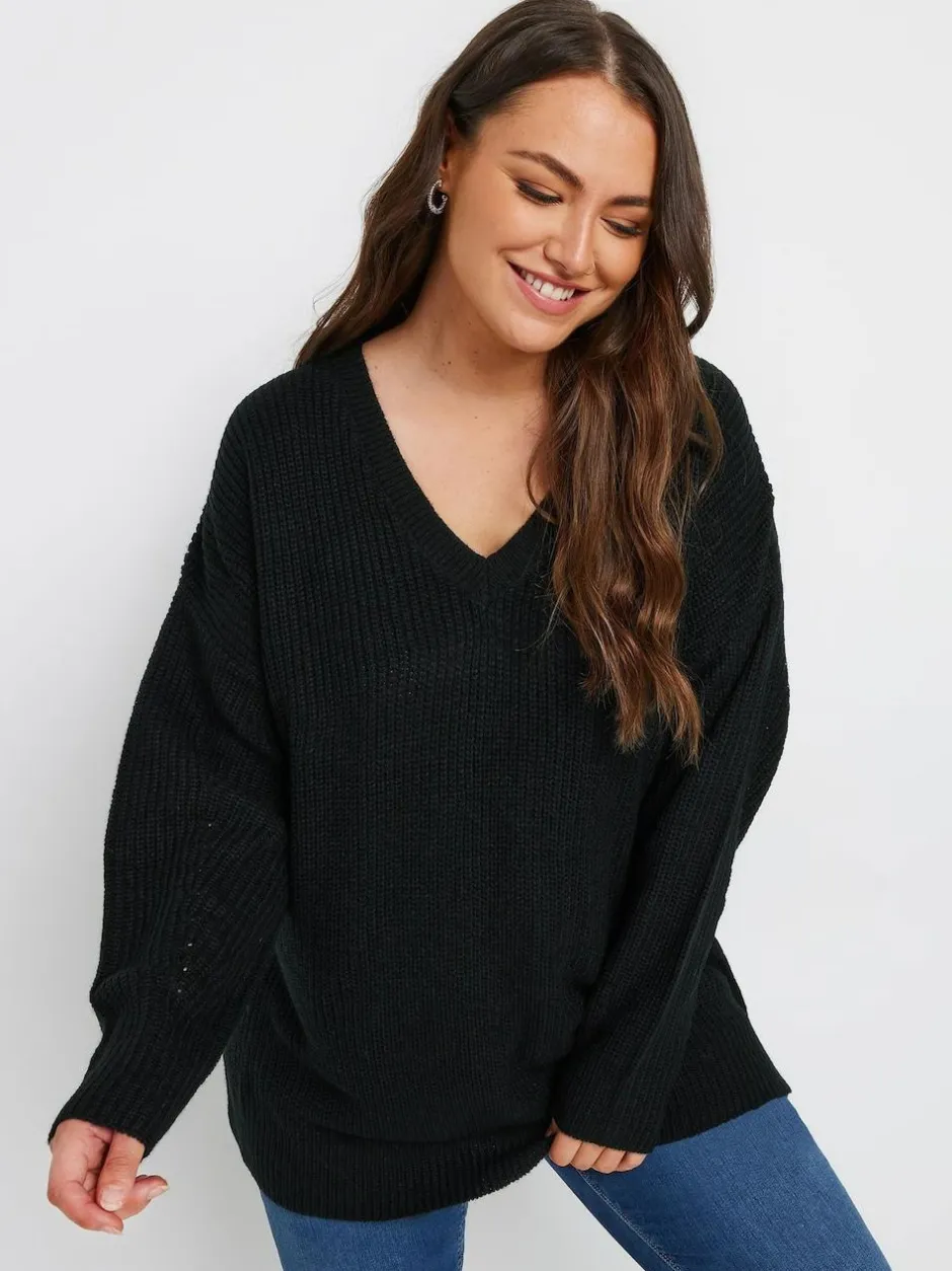 Yours Curve Black V-Neck Knitted Jumper New