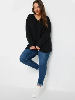 Yours Curve Black V-Neck Knitted Jumper New