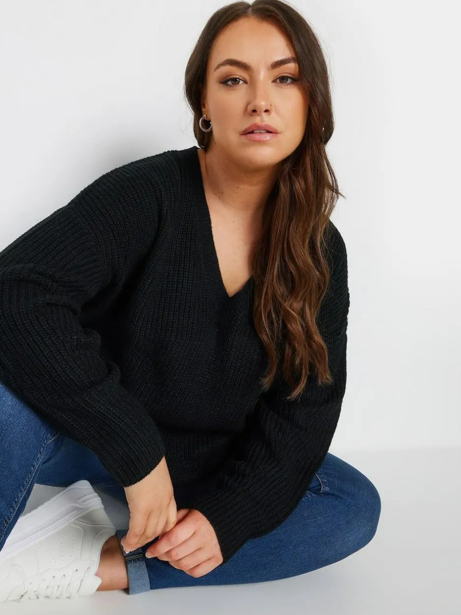 Yours Curve Black V-Neck Knitted Jumper New