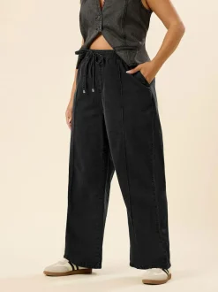 Yours Curve Wide Fit Wide Leg Seam Front Jeans Black Discount