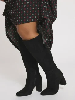 Yours Curve Black Wide Fit Wide Fit Heeled Micro Knee High Boots