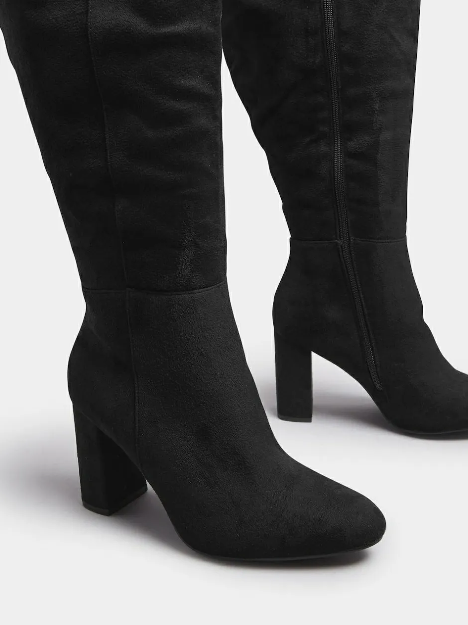 Yours Curve Black Wide Fit Wide Fit Heeled Micro Knee High Boots