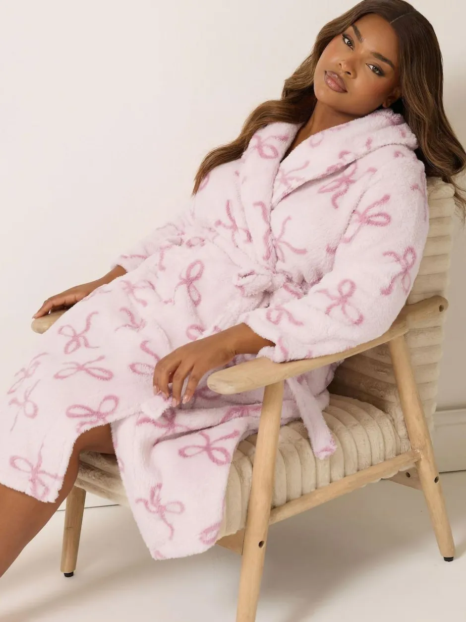 Yours Curve Pink Fluffy Bows Shawl Collar Robe