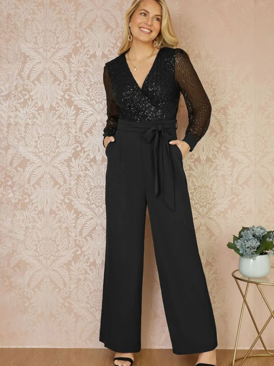 Yumi Black Sequin Jumpsuit With Long Sleeves Outlet