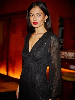 Yumi Black Sequin Long Sleeve Midi Dress Discount