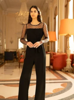 Yumi Black Spot Mesh Stretch Jumpsuit Clearance