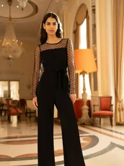 Yumi Black Spot Mesh Stretch Jumpsuit Clearance
