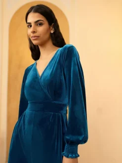 Yumi Blue Velvet Long sleeve Jumpsuit Outlet
