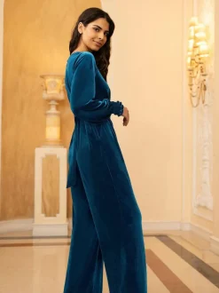 Yumi Blue Velvet Long sleeve Jumpsuit Outlet