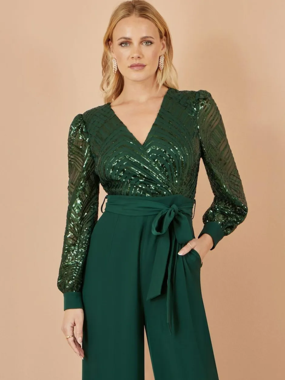 Yumi Green Sequin Wrap Over Jumpsuit