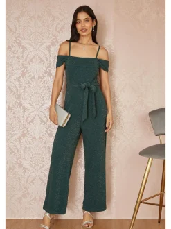 Yumi Green Sparkle Stretch Bardot Jumpsuit