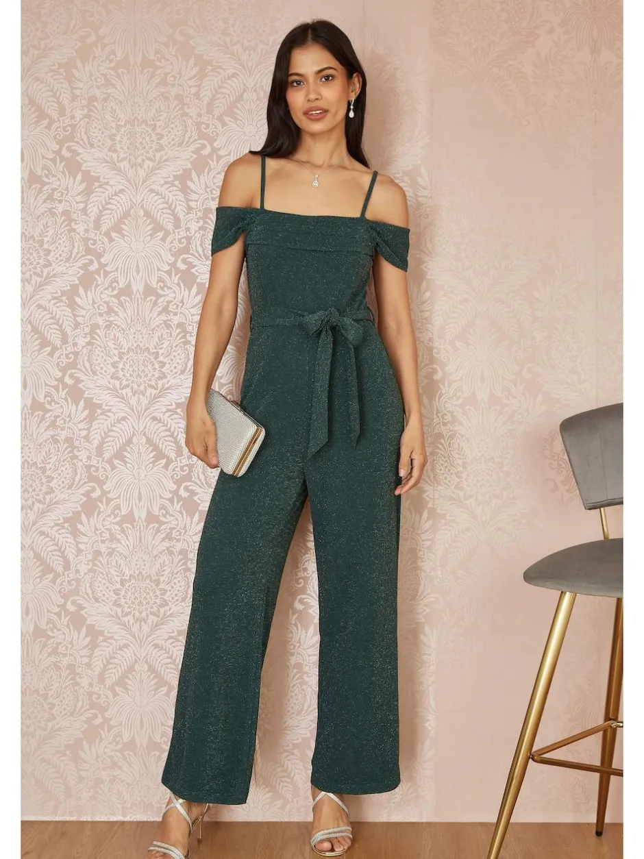 Yumi Green Sparkle Stretch Bardot Jumpsuit