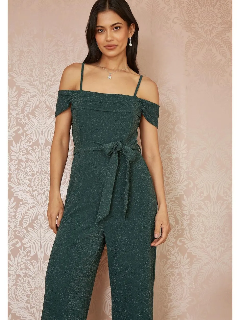 Yumi Green Sparkle Stretch Bardot Jumpsuit