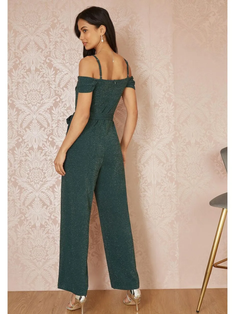 Yumi Green Sparkle Stretch Bardot Jumpsuit