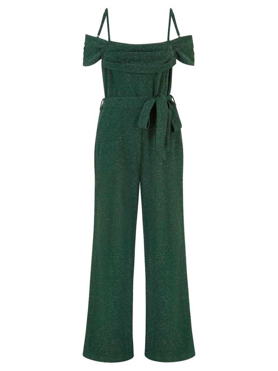 Yumi Green Sparkle Stretch Bardot Jumpsuit