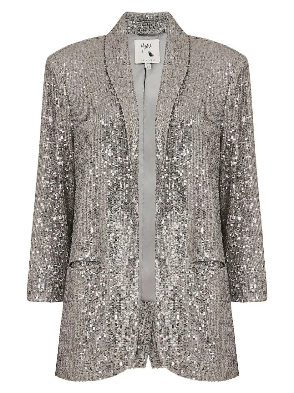 Yumi Sequin Blazer With Pockets Silver Clearance