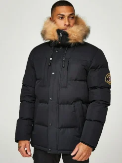 Zavetti Canada Mens Oshawa 2.0 Puffer Parka Jacket with Detachable Faux Fur Black Best
